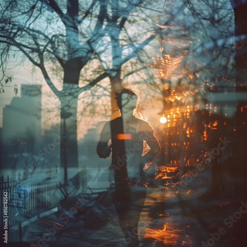 Goosebumps on a runner at dawn, selective focus, sports theme, dynamic, Double exposure, city park pathway