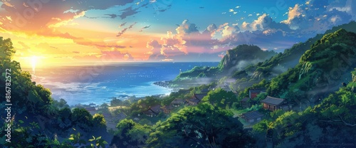 A Stunning Illustration Of The Beautiful Japanese Countryside In The Style Of Anime  Overlooking An Ocean At Sunset  With Lush Greenery And Traditional Houses