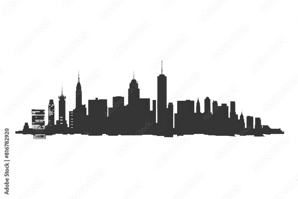 Obraz premium A city skyline is shown in black and white. The buildings are tall and the city appears to be bustling with activity. The skyline stretches across the entire image, giving a sense of depth and scale