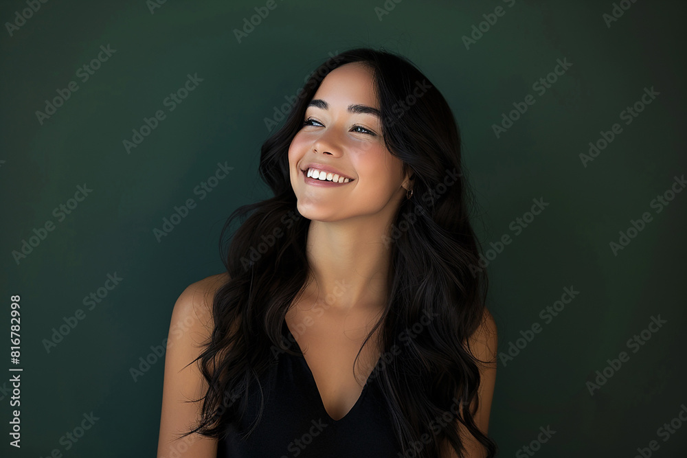 A woman with long black hair is smiling and looking at the camera A woman with long black hair is smiling and looking at the camera