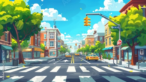 There is a city street intersection  including a sidewalk  traffic lights and zebra cross  and a cartoon townscape with multistory buildings  a street with a crosswalk and a pedestrian. There is an