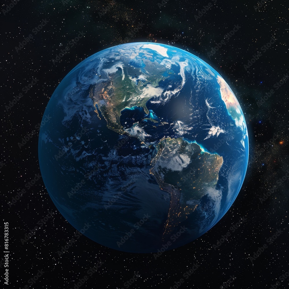 Obraz premium A blue and green planet with the continents of North America and South America