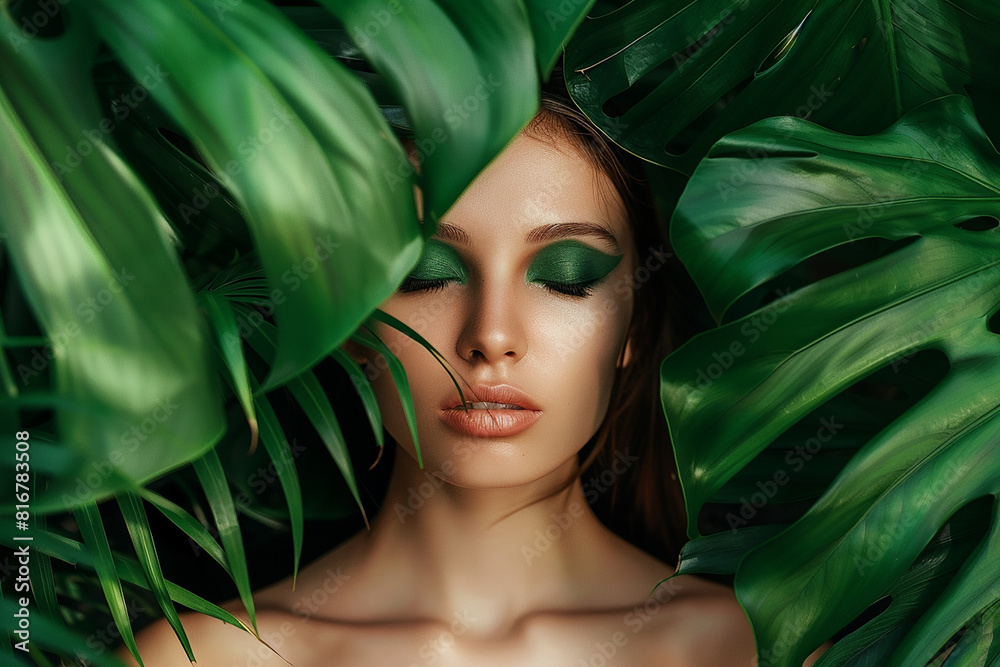 A woman is lying in a jungle with green leaves surrounding her A woman is lying in a jungle with green leaves surrounding her