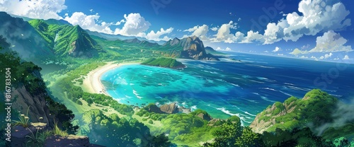 A Vast Ocean, A Sandy Beach On The Shore Of An Island In The Distance, Mountains With Green Vegetation And Clouds Overhead 