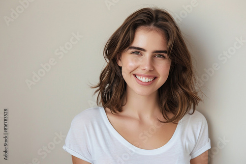 A woman with short brown hair and a white shirt is smiling © BetterPhoto