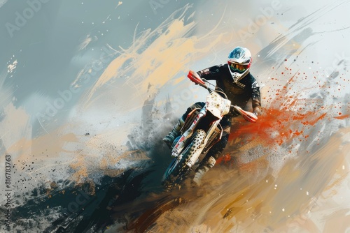 Action shot of a man riding a dirt bike down a steep hill. Suitable for sports and outdoor activities photo