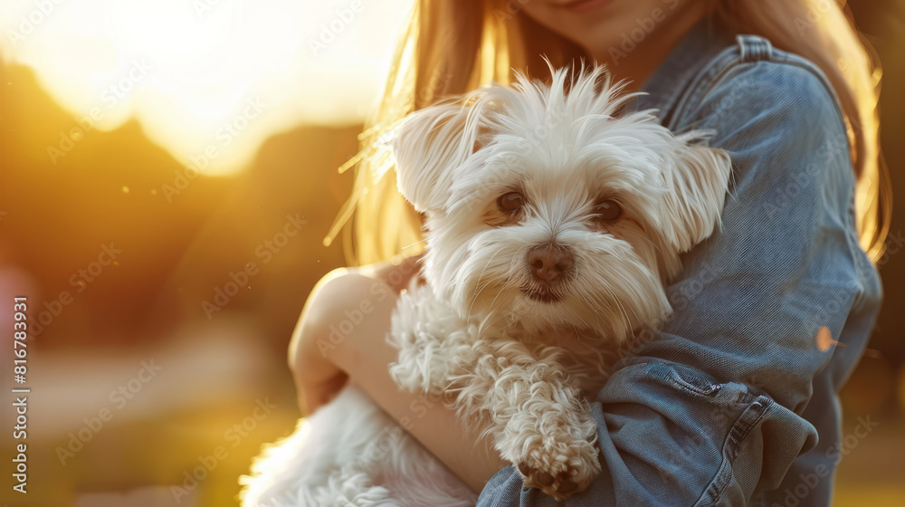 Young woman holds her dog in her hands Cute white dog in the arms of its beloved owner Young woman holds her dog in her hands Cute white dog in the arms of its beloved owner