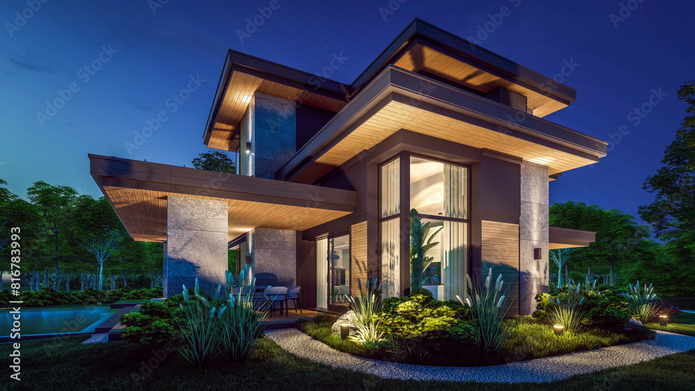 3d rendering of modern two story house with gray and wood accents in night 3d rendering of modern two story house with gray and wood accents in night