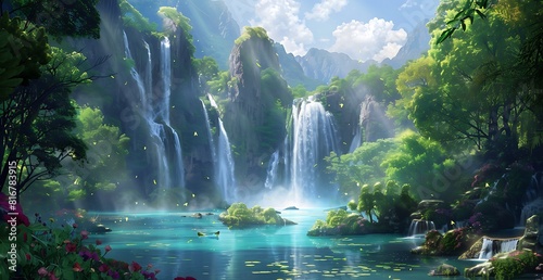 Colorful fantasy forest with waterfall and turquoise lake in Plite  c   date background  colorful fantasy forest with waterfalls and clear bluegreen lakes in sunny day  colorful fantasy 