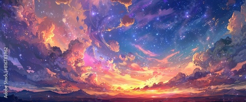 A Vibrant Sky Filled With Swirling Clouds, Stars Twinkling Like Diamonds In The Night Sky, And Distant Mountains Bathed In Warm Hues Of Sunset