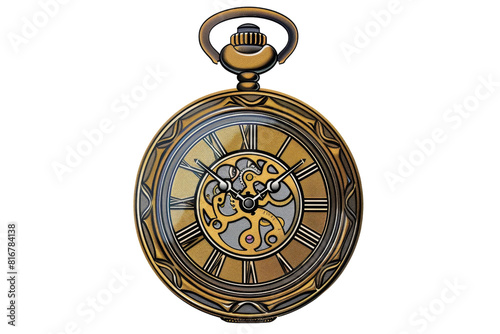 A gold and silver pocket watch with roman numerals on the face. The hands are set at the numbers 3 and 9