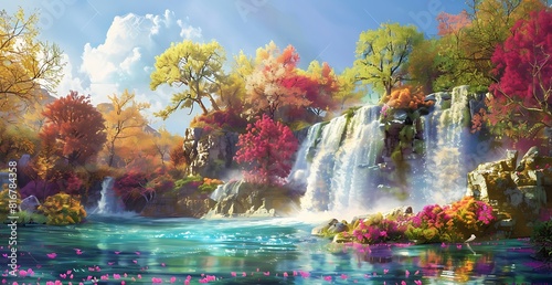 Colorful fantasy waterfall in a beautiful forest with turquoise water and pink flowers © Waqar