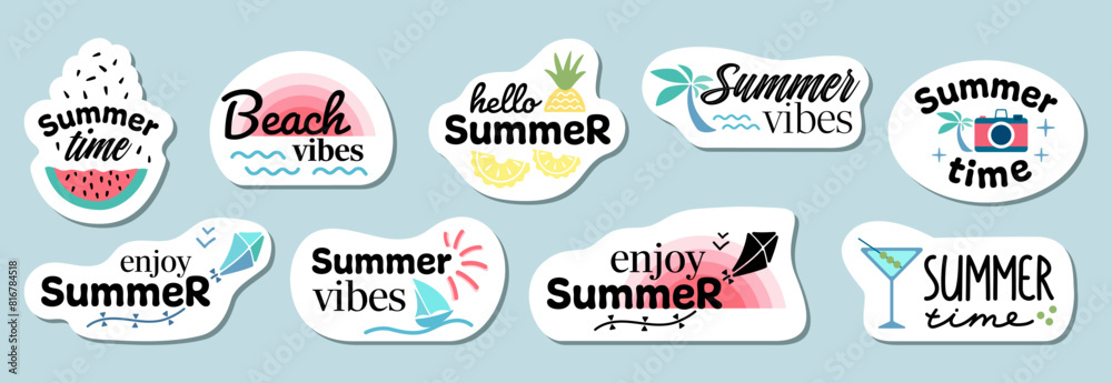 Summer mood stickers set in flat design. Hello summer. Summer time. Summer vibes illustration collection.Summer logo design.
