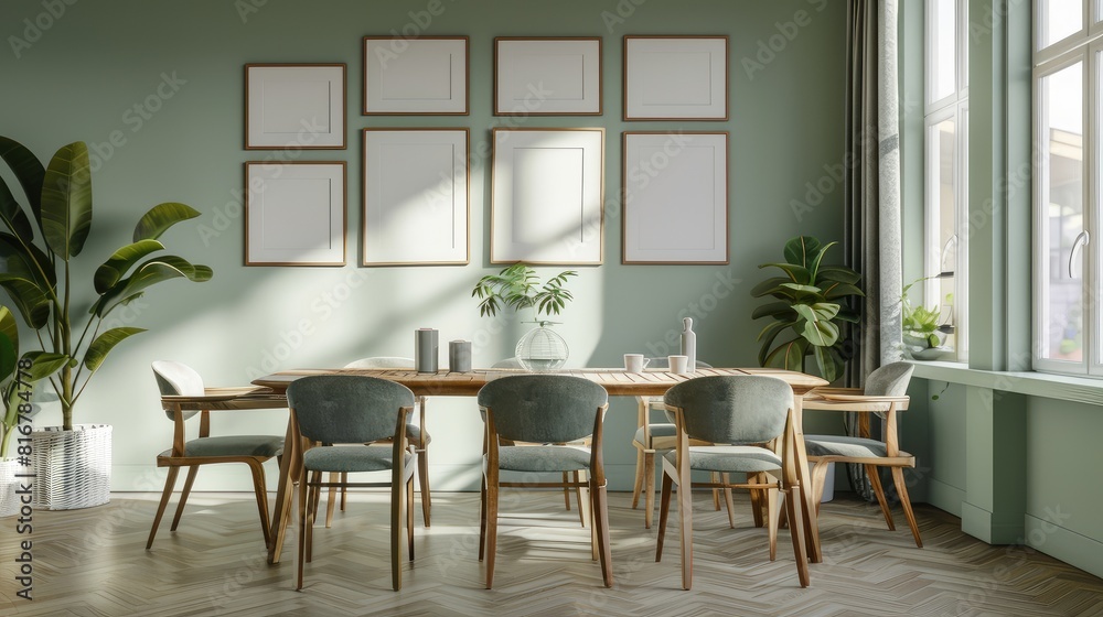 Dinning room with table and chairs and wall poster mockup frames Dinning room with table and chairs and wall poster mockup frames