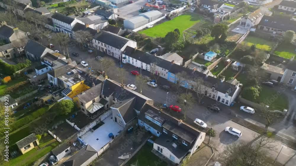 Drone shot above the main street of Killough, a small village in Northern Ireland