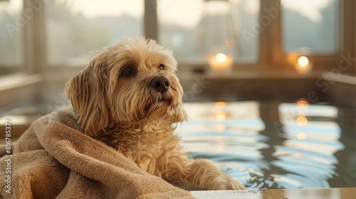 Dog spa business during a specialty spa treatment, selective focus, exclusive care theme, luxurious, Silhouette, treatment suite