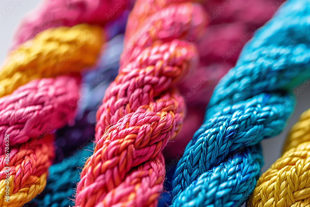 Close-up photo of pink, blue and yellow ropes