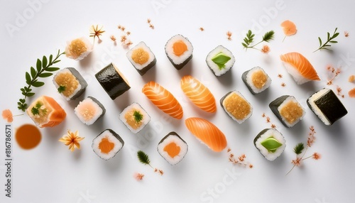presentación cenital de sushi, comida asiática aislada, sushi fondo blanco, restaurante de lujo comida japonesa
 photo
