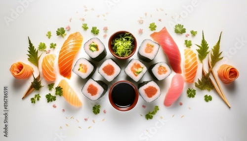 presentación cenital de sushi, comida asiática aislada, sushi fondo blanco, restaurante de lujo comida japonesa
 photo