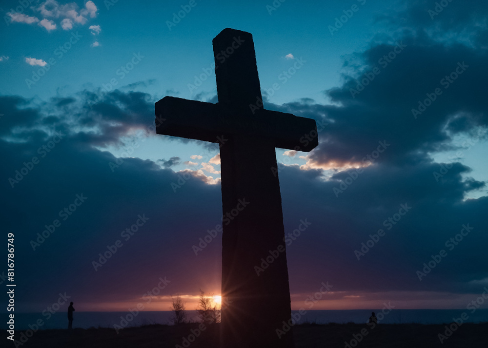 Sunset or sunrise with a cross in the background. Generative AI Sunset or sunrise with a cross in the background. Generative AI