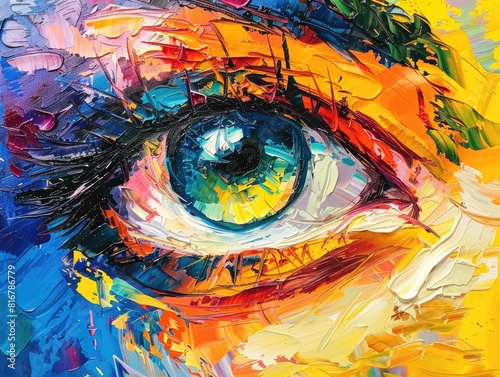 Closeup painting of a womans eye with violet and magenta colors