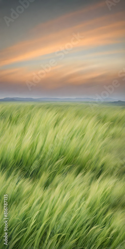 Expansive grassy plain under the sky  confused with hues of sunset  blades of grass stretching low