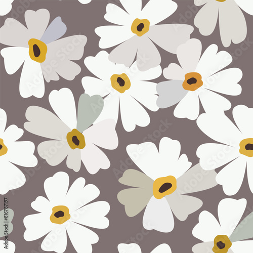 Seamless background with primitive daisy flower pattern. Simple minimalistic gray background, cute big bright flowers in boho style.