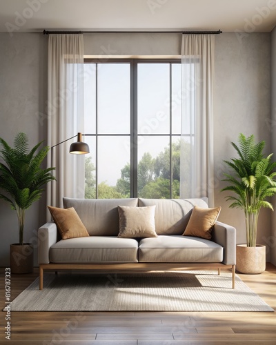 Interior of modern living room with brown sofa, carpet and plants. © tnihousestudio