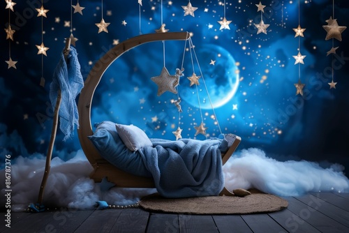 Dreamy Bed with Stars and Moon Decor. Generative ai photo