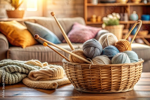 Wicker basket with yarn balls and knitting needles on wooden table in living room photo