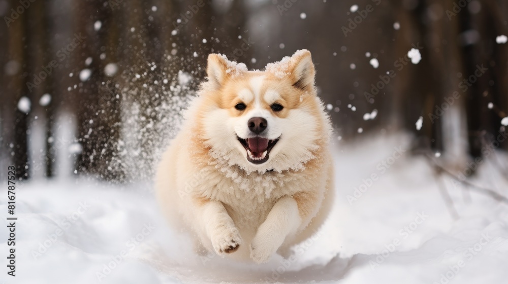 Cute positive dog plays in the snow against the backdrop of a winter park close-up