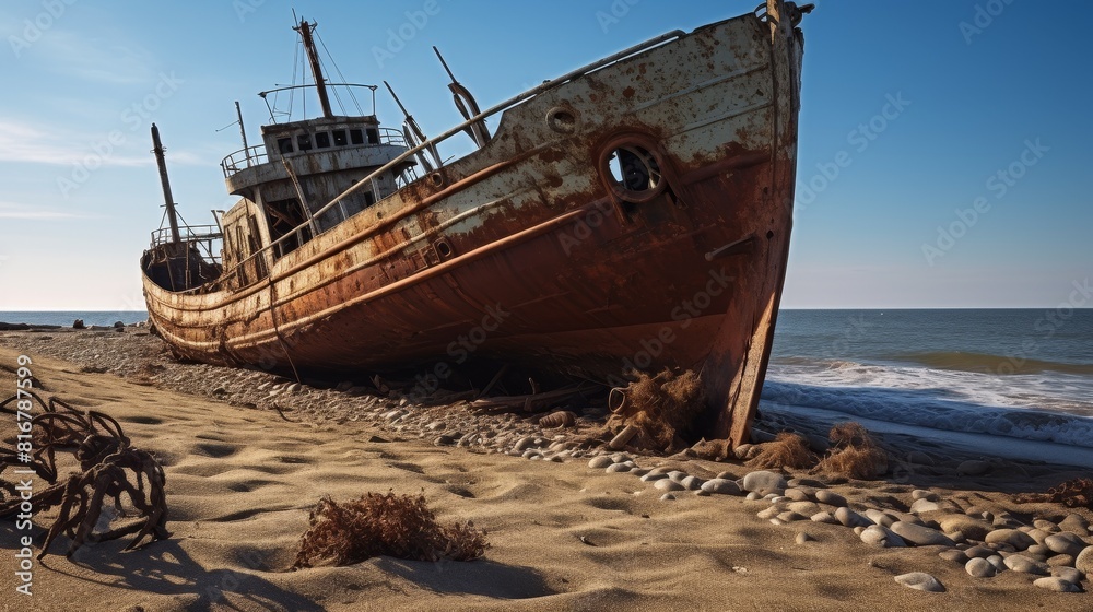 Abandoned old ship on the seashore after a wreck Abandoned old ship on the seashore after a wreck
