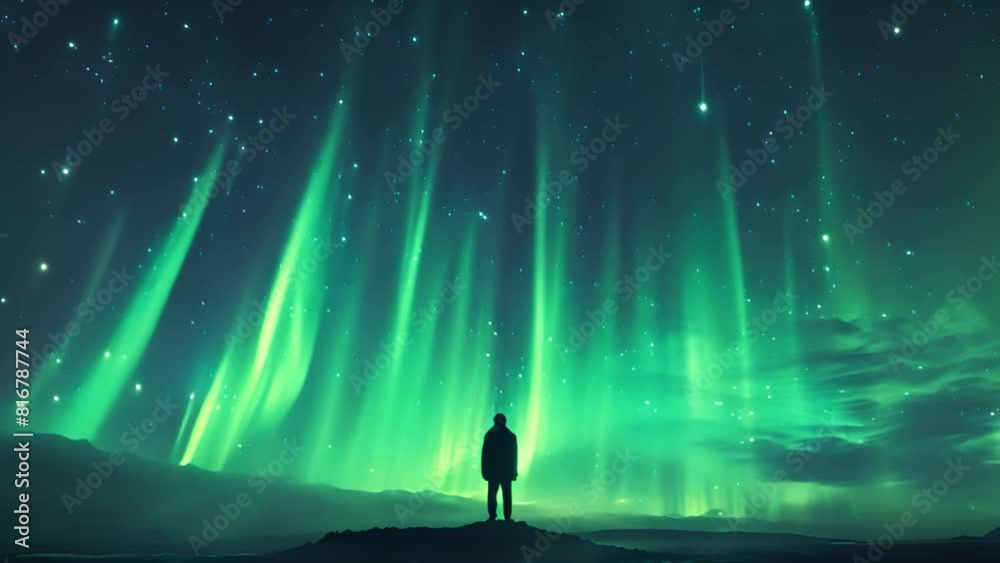 A person is standing beneath the mesmerizing green and purple lights of the Aurora Borealis in Icelands night sky. A person is standing beneath the mesmerizing green and purple lights of the Aurora Borealis in Icelands night sky.