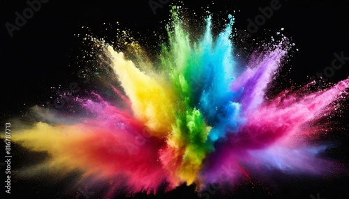 Rainbow holy powder explosion isolated on black background, clipping