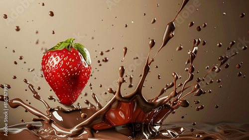 Strawberry falling into melted liquid chocolate, food dessert and confectionery industry photo