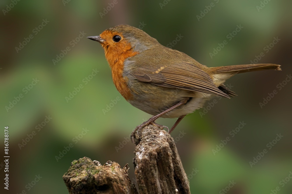 Vibrant robin perched atop a wooden rod on the ground Vibrant robin perched atop a wooden rod on the ground