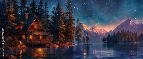 A Wooden House On The Edge Of An Island Surrounded By Pine Trees, Overlooking A Lake Under A Starry Sky 