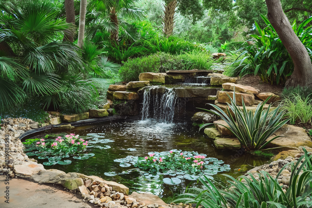 A beautiful, tranquil garden with a peaceful water feature: A serene, natural oasis with a soothing pond, gentle waterfalls, and lush greenery, perfect for relaxation and contemplation.