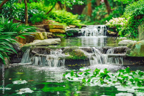A beautiful, tranquil garden with a peaceful water feature: A serene, natural oasis with a soothing pond, gentle waterfalls, and lush greenery, perfect for relaxation and contemplation.