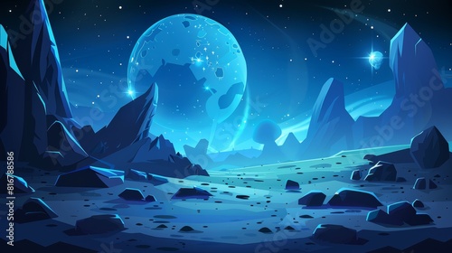 Illustration of cosmic landscape with craters. Fantasy universe object scenery for exploration. Aliens on a planet with craters on a dark blue background.