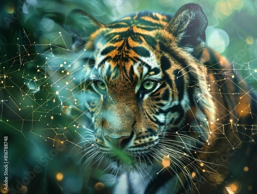 A fierce tiger stares intently with a beautiful green background.