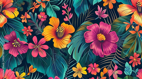 Colorful Floral Pattern Featuring an Array of Tropical Flowers and Leaves, Creating a Vibrant and Lush Design