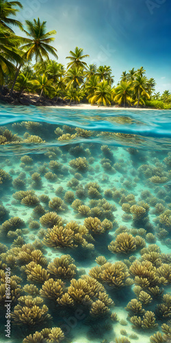 Midday sun casting a radiant glow on a calm azure sea  sunrays gently penetrating the crystal-clear waters