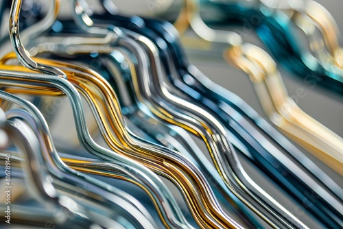 Closeup view of shiny metal hangers showcasing elegant curves and reflective surfaces