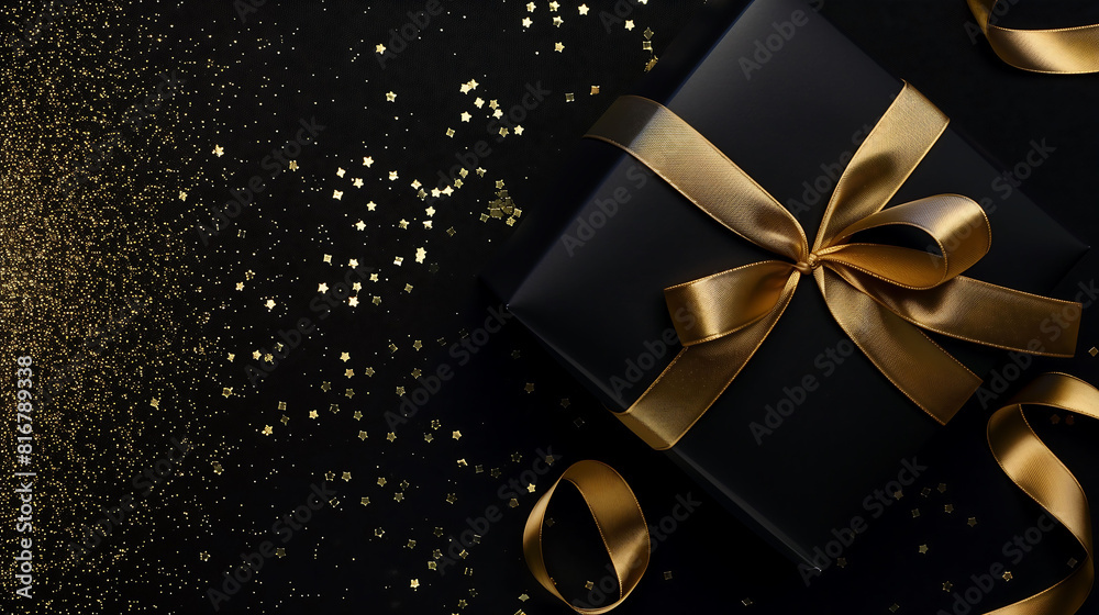 Luxurious Black Gift Box with Golden Ribbon and Glitter on a Shiny Black Background, Perfect for Celebrations and Special Occasions Luxurious Black Gift Box with Golden Ribbon and Glitter on a Shiny Black Background, Perfect for Celebrations and Special Occasions