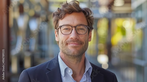 Headshot of a smiling man in his 40s with short brown hair and brown eyes wearing glasses and a suit jacket.