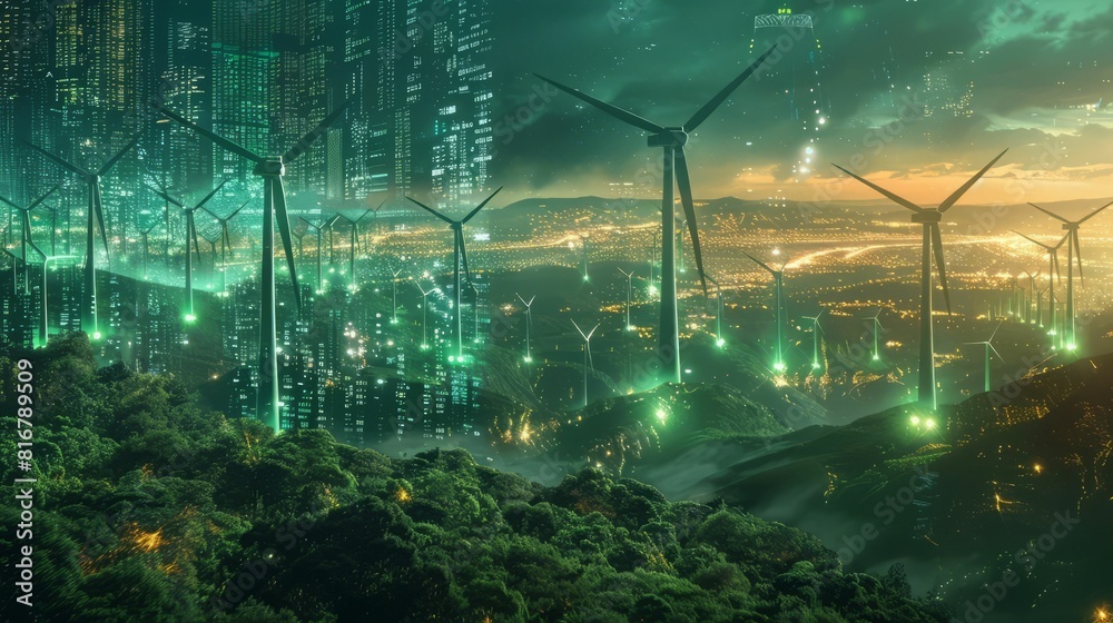 Obraz premium The image is a digital painting of a city in the future. There are many tall buildings and wind turbines. The city is lit up by neon lights. The sky is dark and there are clouds.
