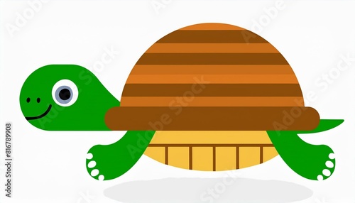 The cute and funny green tortoise with shell is crawling sideways. A modern flat illustration