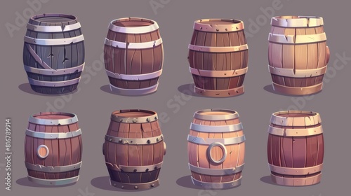 A cartoon modern illustration set of old wood barrels with metallic rings, for whiskey and wine making, storage of gunpowder and TNT. Vintage standing and lying casks stacked and single. photo