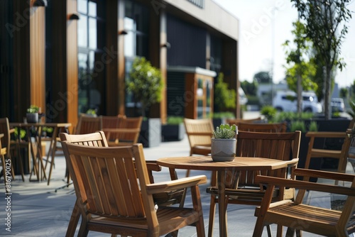 Stylish group of wooden chairs elegantly arranged on a sidewalk